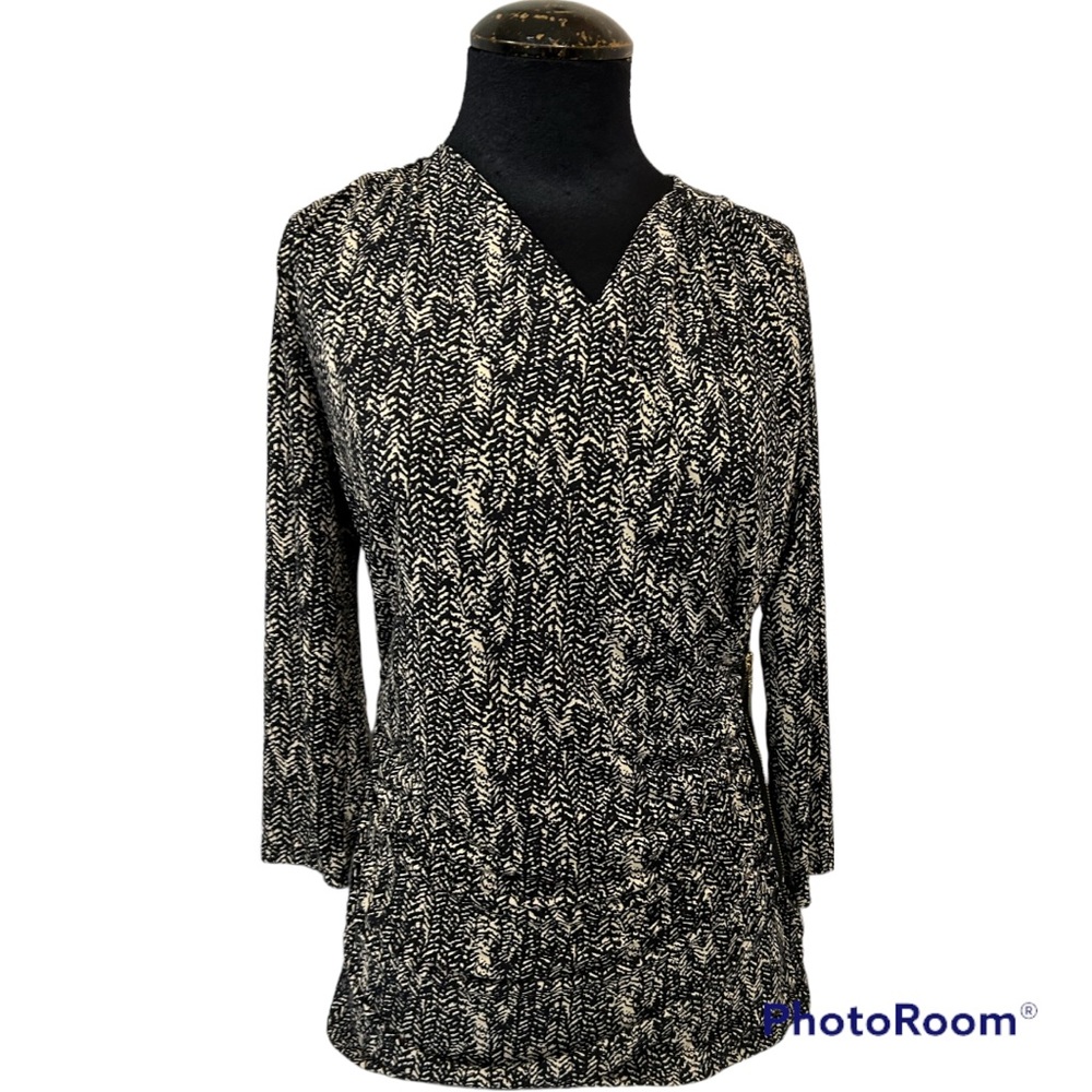 Ellen Tracy Top Womens Large Black Cream Arrows Pattern Zipper Accent L